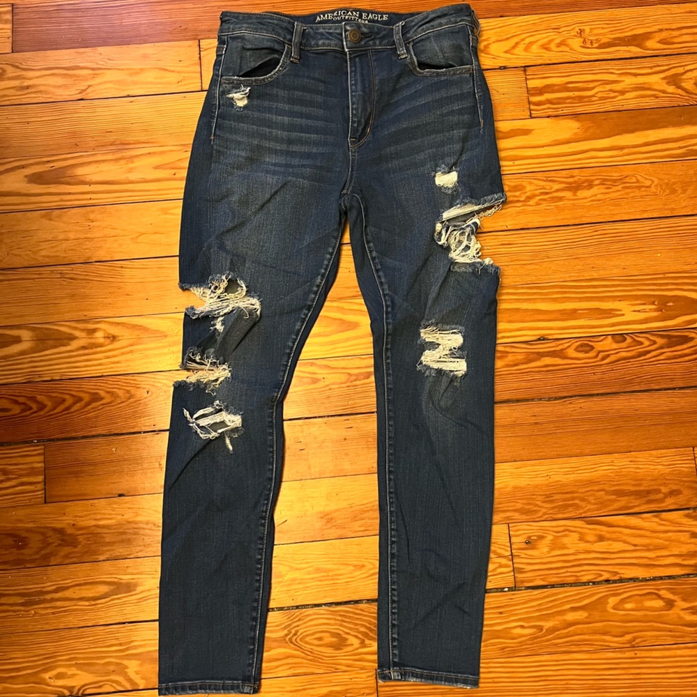 American Eagle extremely ripped high waisted blue jeans
